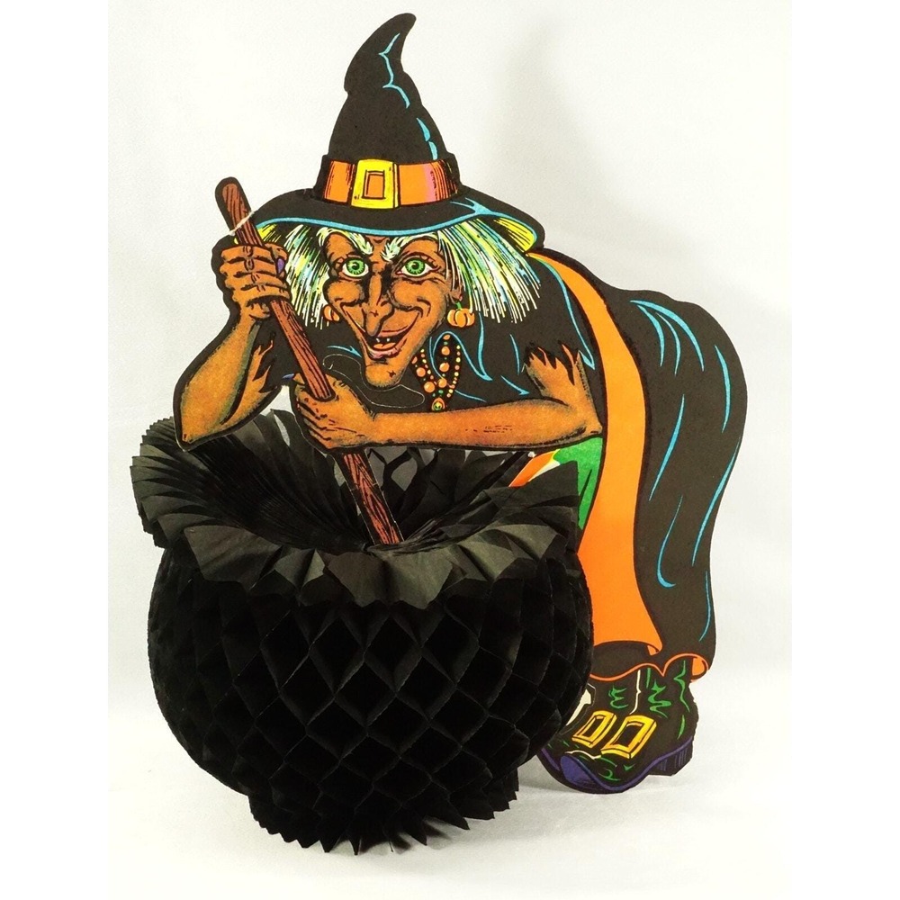 Vintage Beistle Co. Witch with Black Honeycomb Cauldron Halloween Decoration